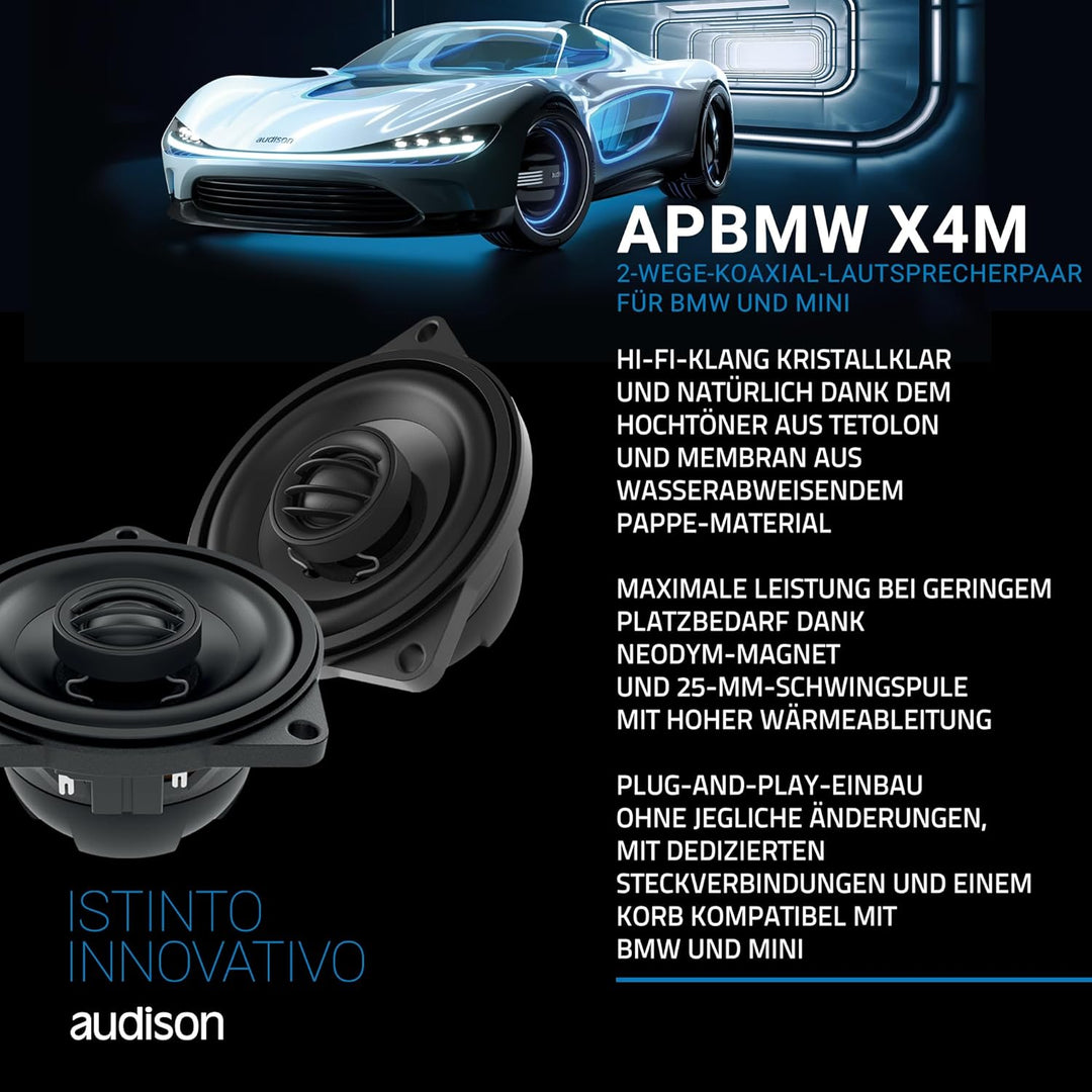 Audison APBMW X4M – 100-mm 2-Wege-Koaxiallautsprecher-Paar für BMW/MINI, 80W Peak, Plug & Play-Monta
