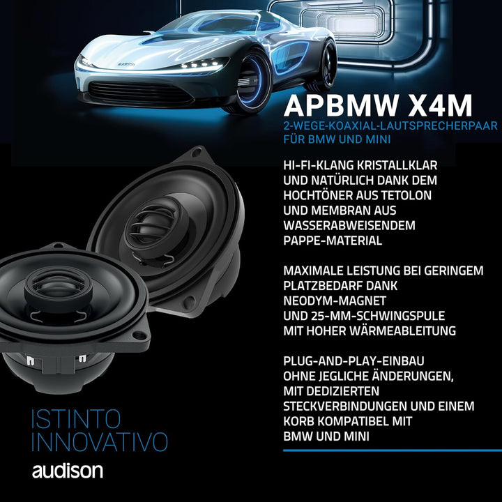 Audison APBMW X4M – 100-mm 2-Wege-Koaxiallautsprecher-Paar für BMW/MINI, 80W Peak, Plug & Play-Monta