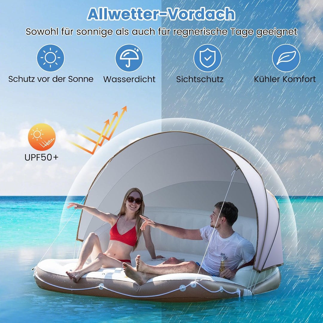 GYMAX Badeinsel Aufblasbar Schwimminsel mit Einziehbarem & Abnehmbarem Vordach Liegeinsel Canopy Isl