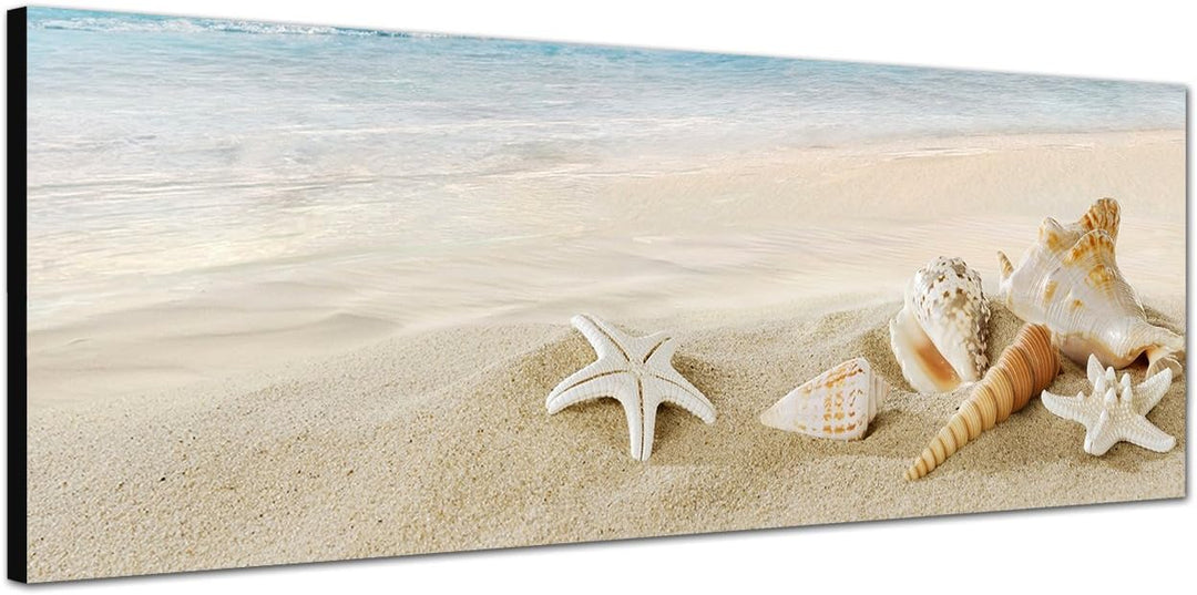 Paul Sinus Art Panoramabild auf Leinwand und Keilrahmen 150x50cm Sandstrand Meer Muscheln Schneckenh
