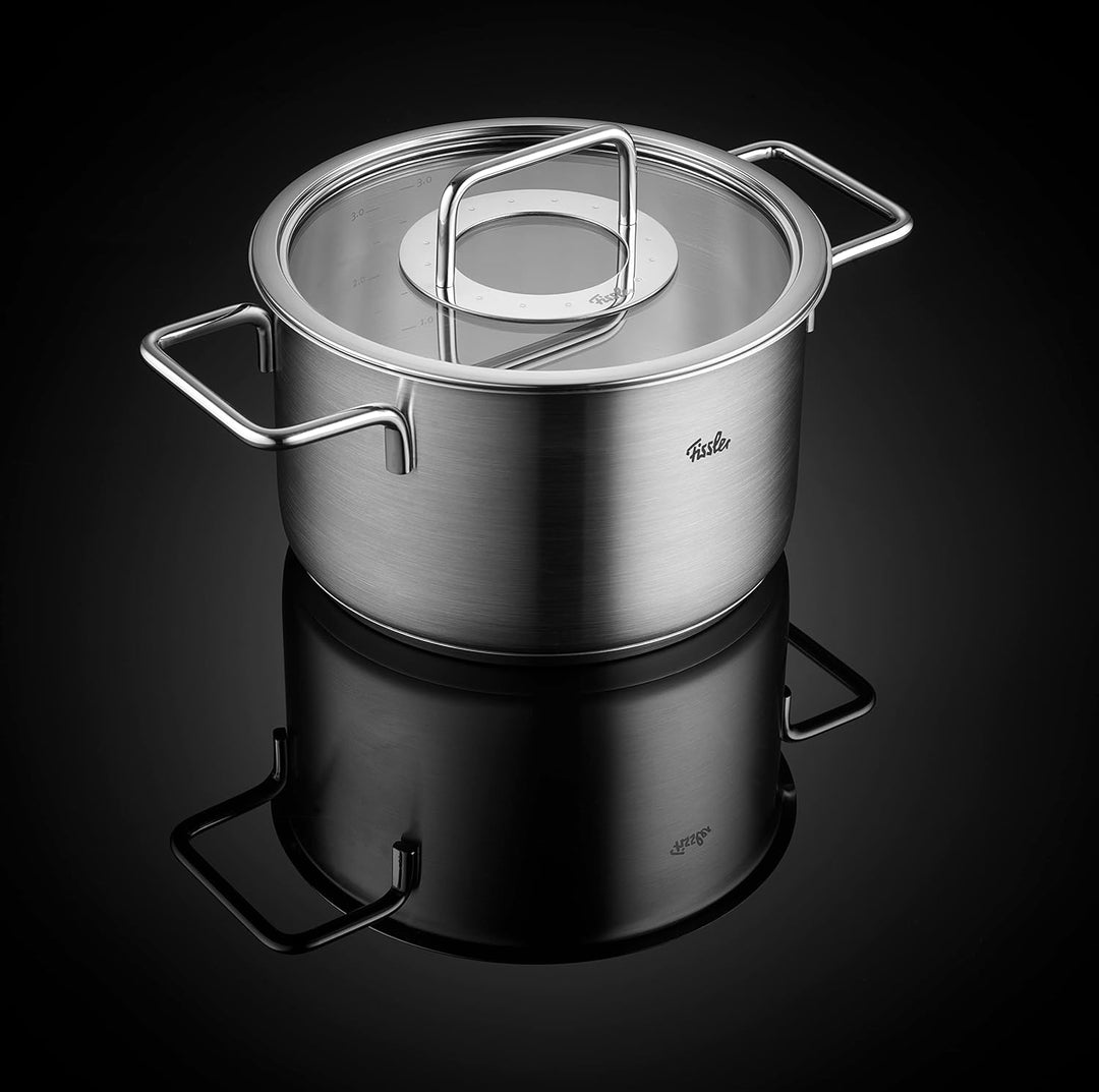 Fissler Pure Collection/Edelstahl-Kochtopfset, 4-teilig, Töpfe mit Glas-Deckel (3 Kochtöpfe,1 Braten