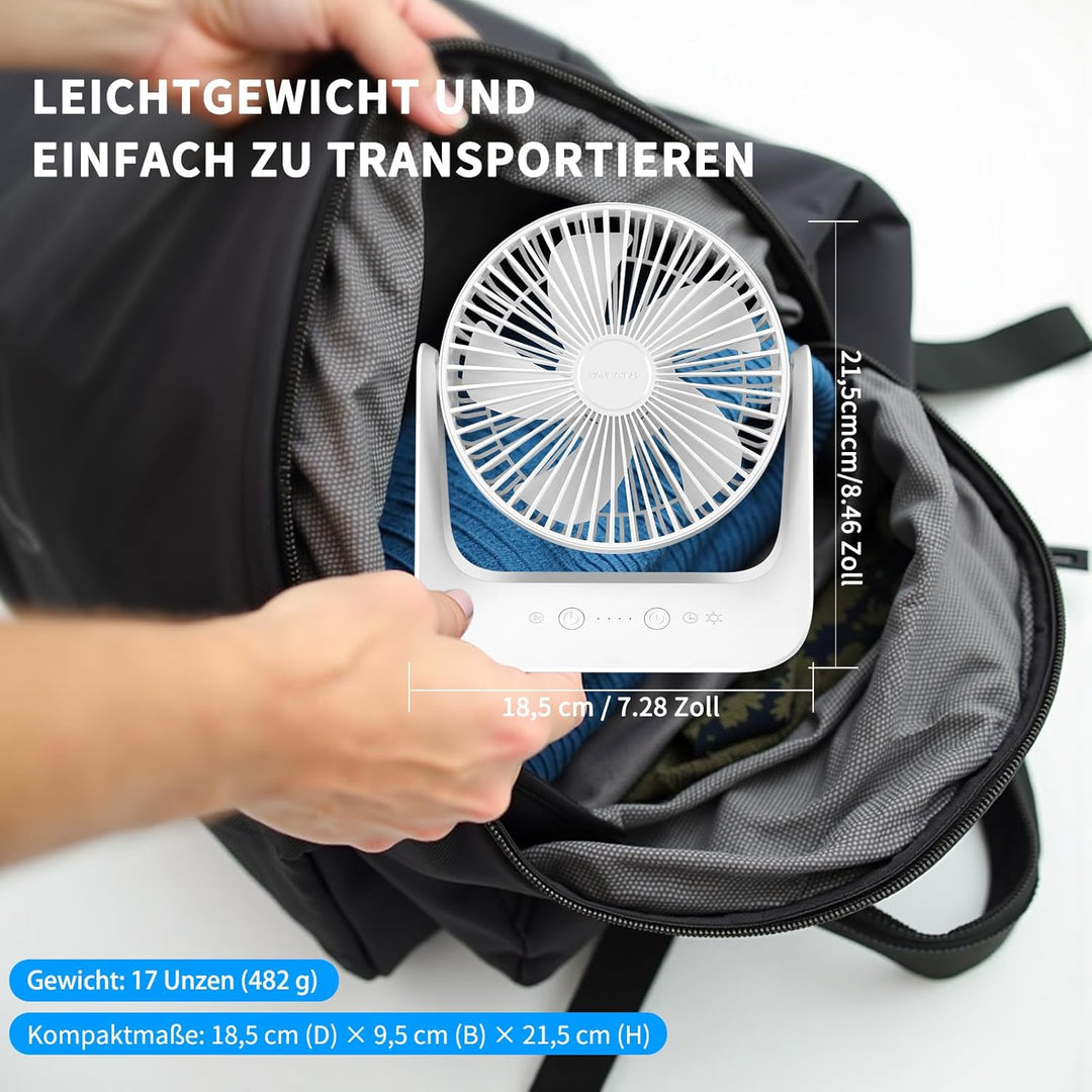 Tischventilator mit Temperatursteuerung, 5000mAh USB Ventilator, 5 Geschwindigkeitsstufen inkl. Schl