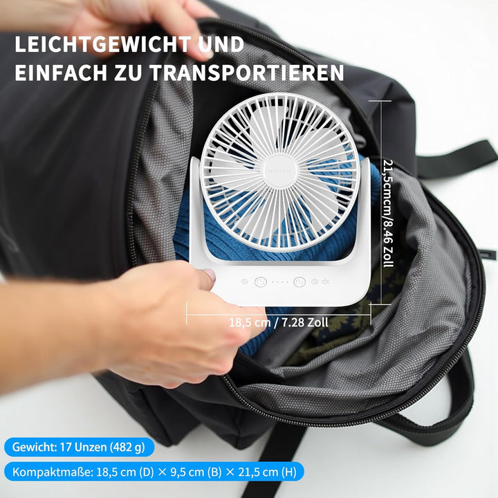 Tischventilator mit Temperatursteuerung, 5000mAh USB Ventilator, 5 Geschwindigkeitsstufen inkl. Schl