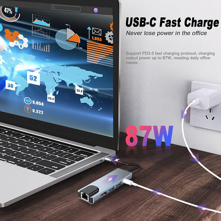 USB C Hub Multiport Adapter, 5 in 1 USB C Docking Station mit 4K HDMI, RJ45 Ethernet, USB3.0, 100W P