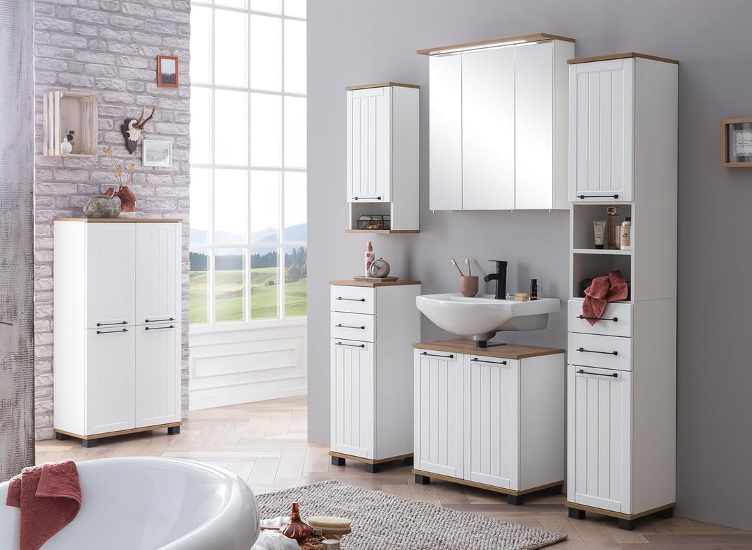 Schildmeyer Spiegelschrank Padua 142296, weiss glanz/eiche landhaus Dekor, 70,5 x 16 x 72,5 cm