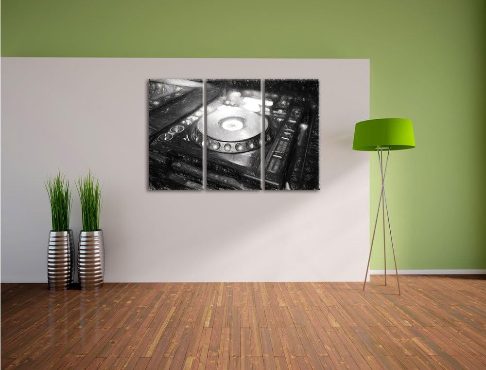 Pixxprint Grün beleuchteter DJ Pult Kohle Zeichnung Effekt 3-Teiler Leinwandbild 120x80 Bild auf Lei