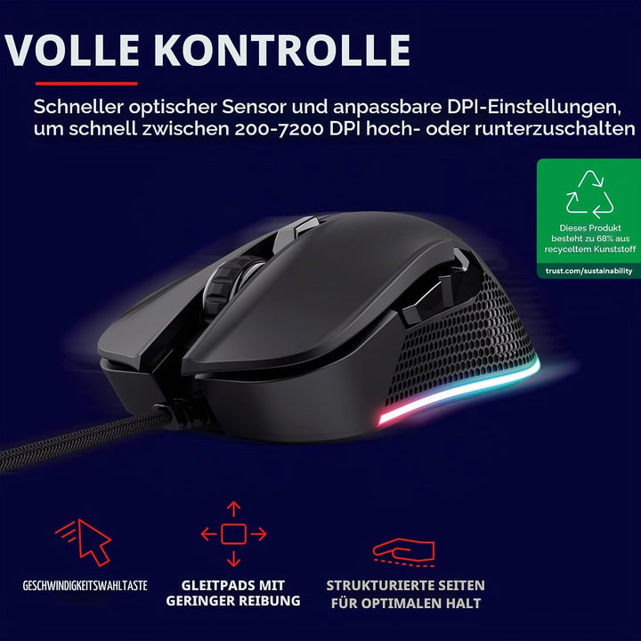 Trust Gaming GXT 922 Ybar Gaming Maus, 68% Recycelten Materialien, RGB LED-Beleuchtung, 6 Programmie