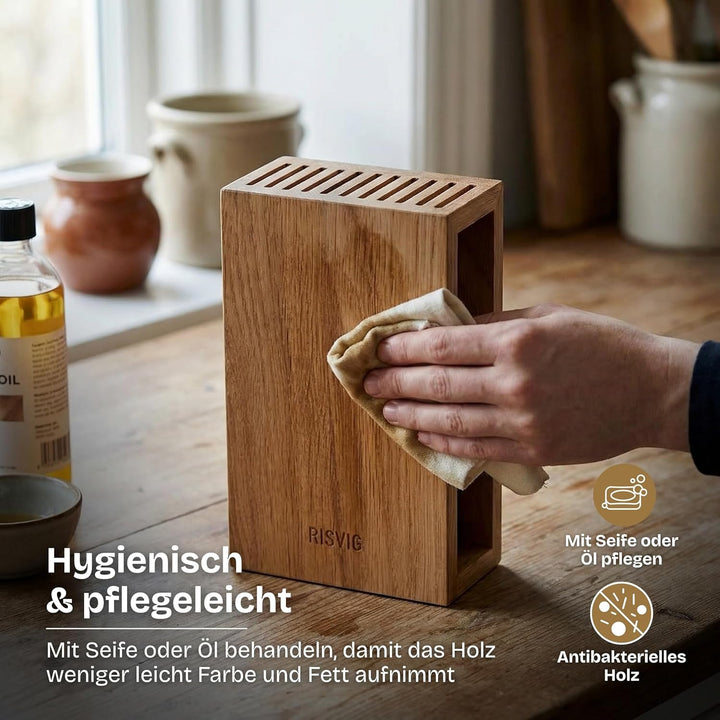 Lignus Messerblock aus Premium Eichenholz – Designer Messerhalter für 11 Messer – Antibakterielles E