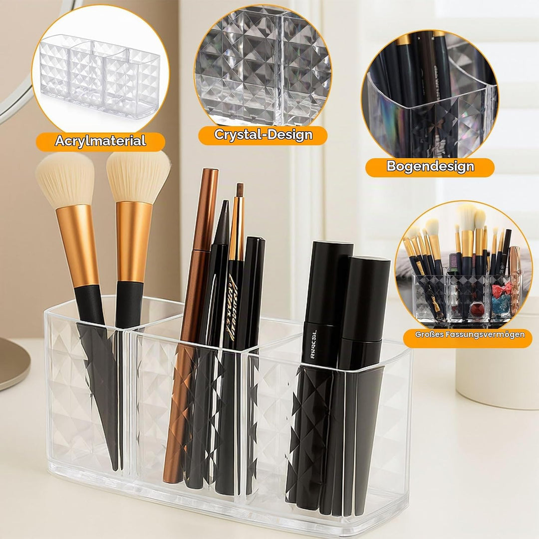 Kosmetik Organizer, 2-Pack Acrylic Pinselhalter, 3 Fächern Kristall Makeup Pinsel Halter, Klarer Sch