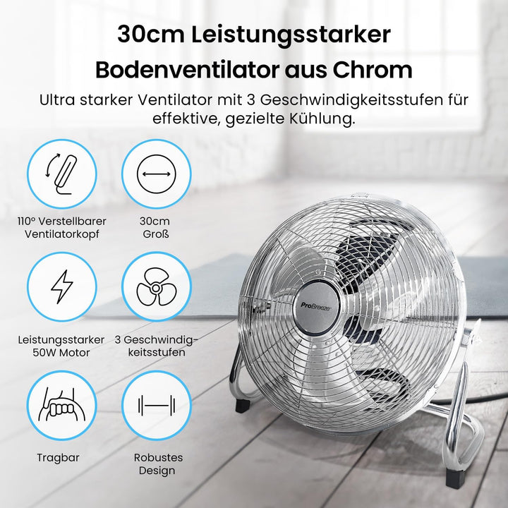 Pro Breeze 30,5 cm Bodenventilator aus Chrom - 50W Ventilator klein mit 3 Geschwindigkeitsstufen, 11