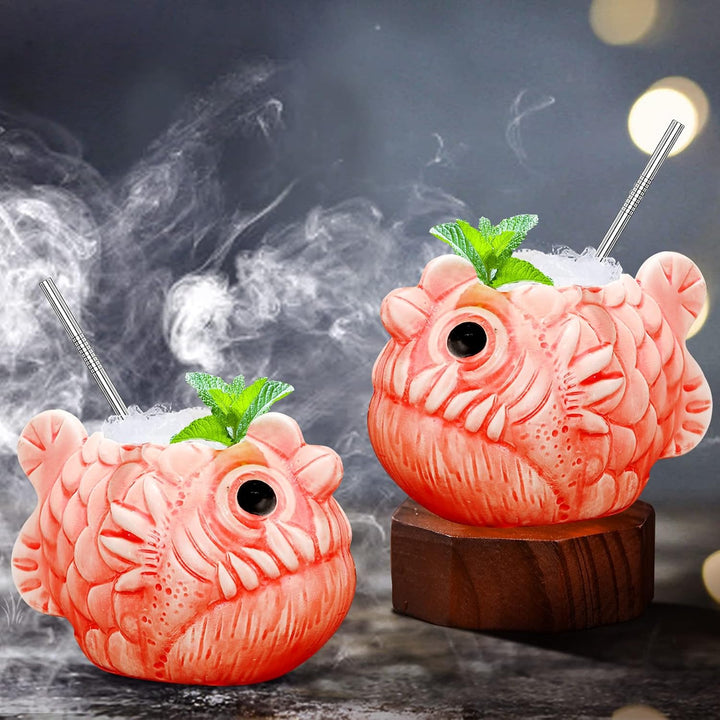 Tiki-Tassen-Set Fische Hawaii-Party-Becher aus Keramik für Cocktails hochwertiges Tassen-Set mit 2 T