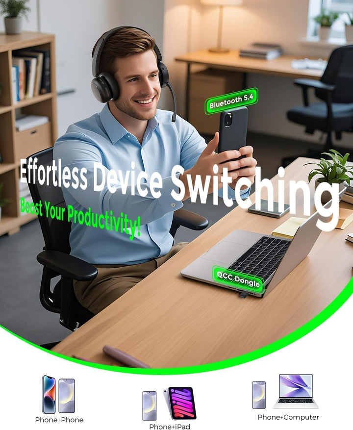 Bluetooth-Headset, Kabelloses Headset mit Mikrofon, Qualcomm Chipset Dongle, V5.4-Headsets mit Mikro