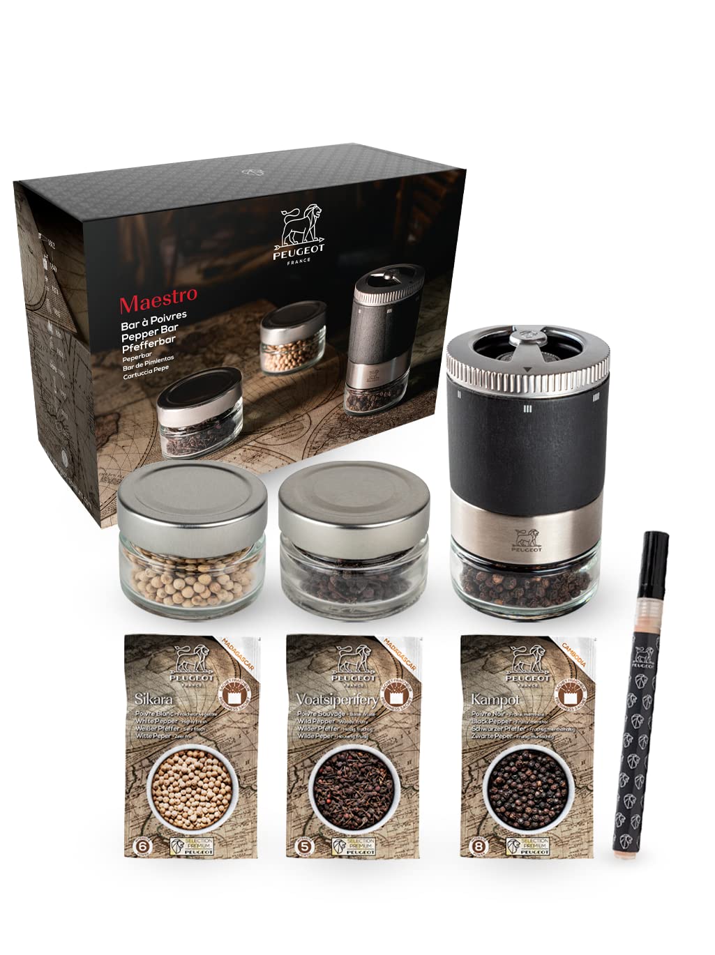 Peugeot MAESTRO uSelect Pfefferbar Geschenkset, Pfeffermühle, Pfeffer Mühle, Graphit, 11 cm inkl. dr