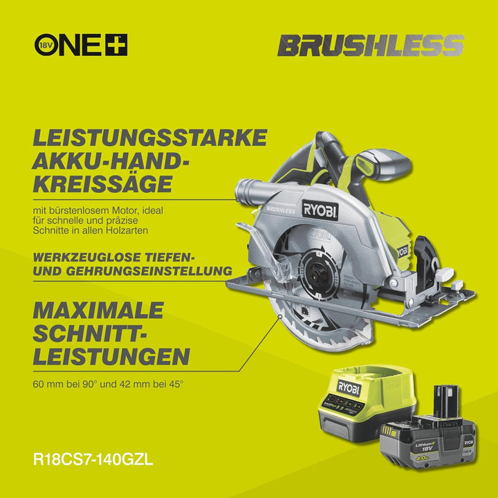 RYOBI 18 V ONE+ Brushless Akku-Handkreissäge R18CS7-140GZL (Sägeblatt-Ø 184mm, Schnitttiefe 90°/45°