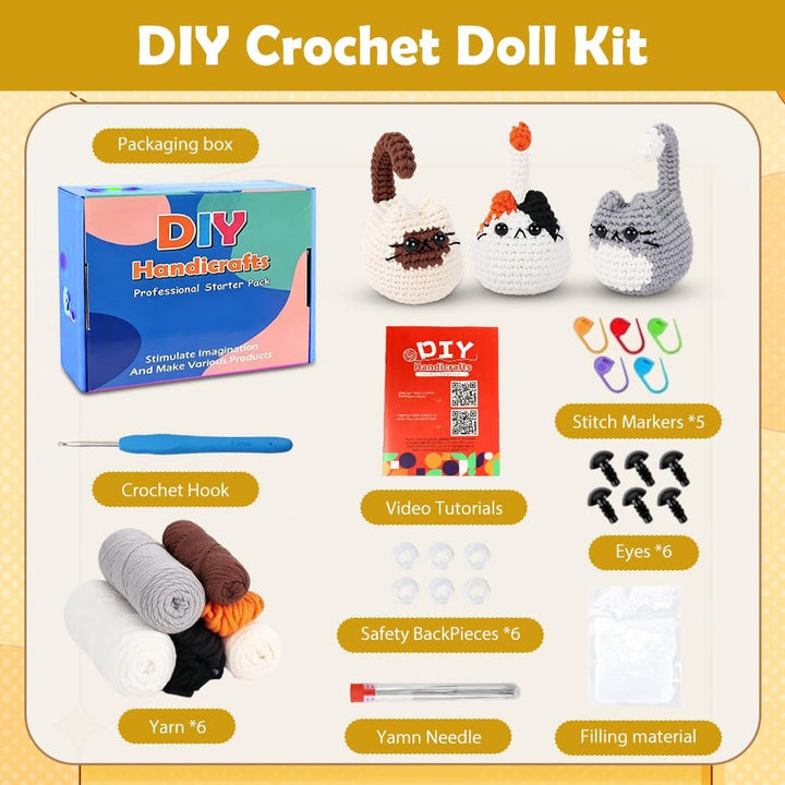 Zinueen Häkelset für Anfänger mit Videoanleitung - Komplettes Crochet Set für 3 süsse Katzen | Einfa