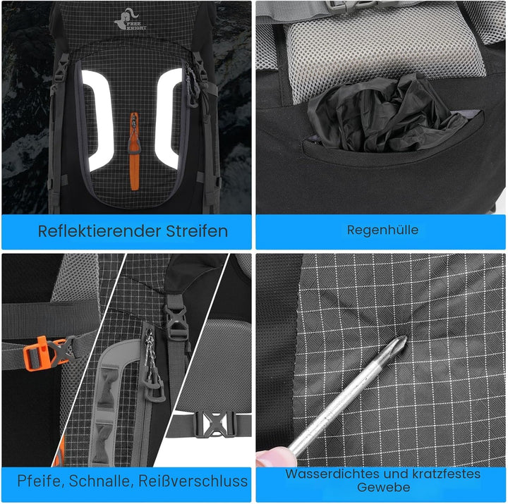Bseash 80L Wasserdichter Wanderrucksack mit Regenschutz, leichter Outdoor-Sport, Reisen, Tagesrucksa
