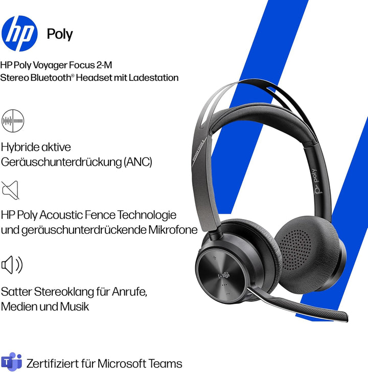 POLY Voyager Focus 2 USB-C Headset für Microsoft Teams, mit USB-C/A Adapter und Ladestation – Blueto