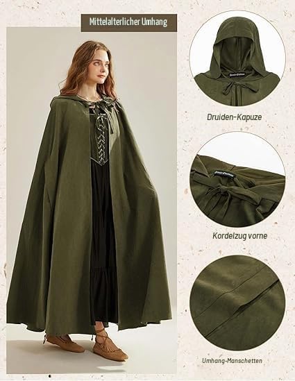 SCARLET DARKNESS Damen Mittelalter Umhang mit Kapuze Unisex Maxi Umhang Hexe Cosplay Cape Olivgrün,