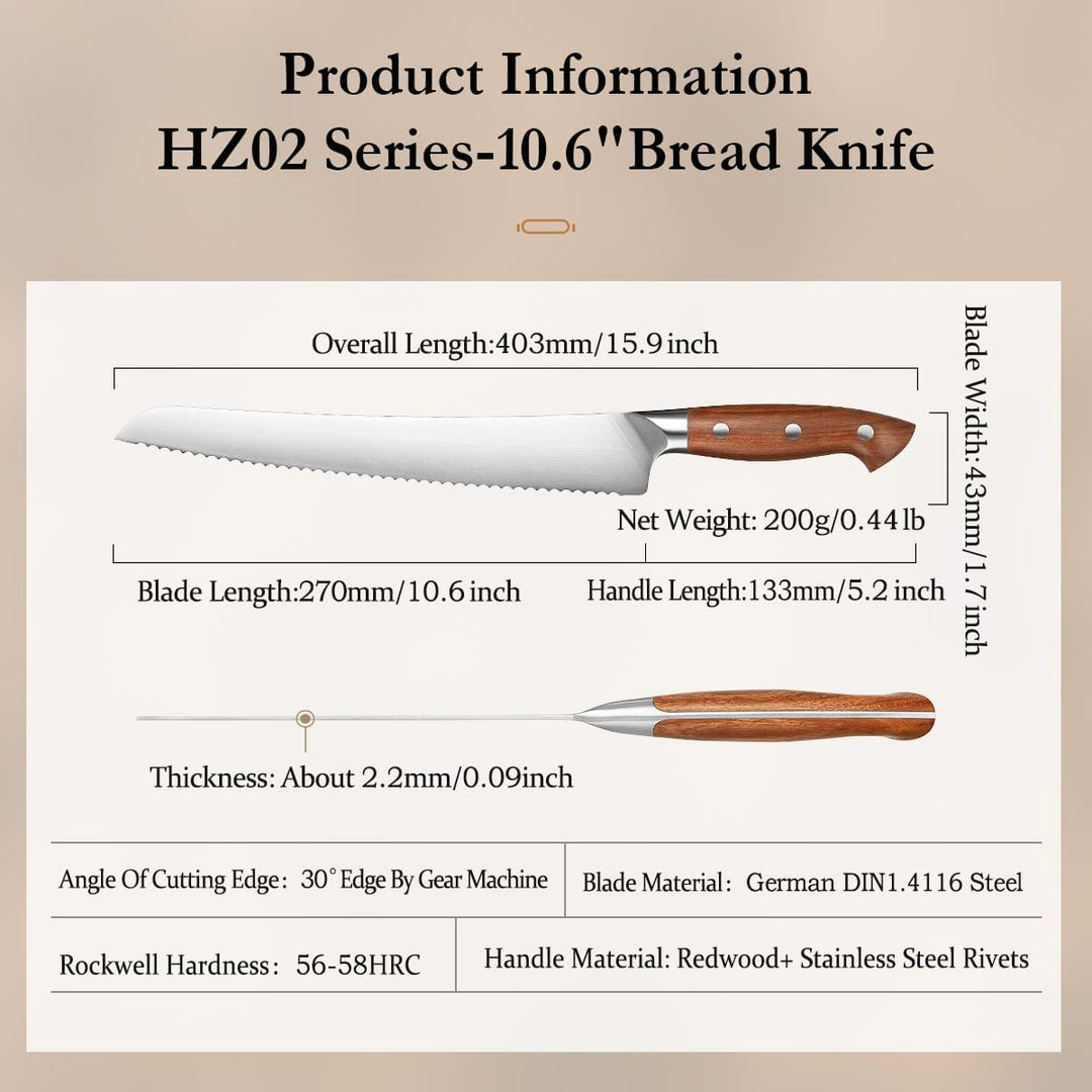 HEZHEN 27cm Gezahntes Brotmesser, Rostfreier Stahl Wellenschlif Kuchenmesser, Gezackte Klinge Sägeme