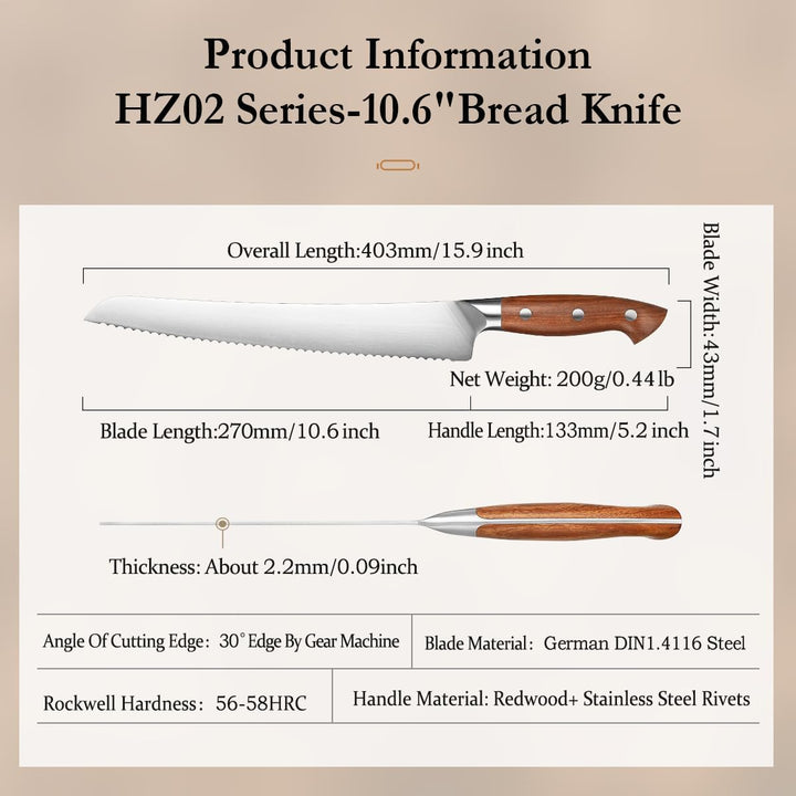 HEZHEN 27cm Gezahntes Brotmesser, Rostfreier Stahl Wellenschlif Kuchenmesser, Gezackte Klinge Sägeme