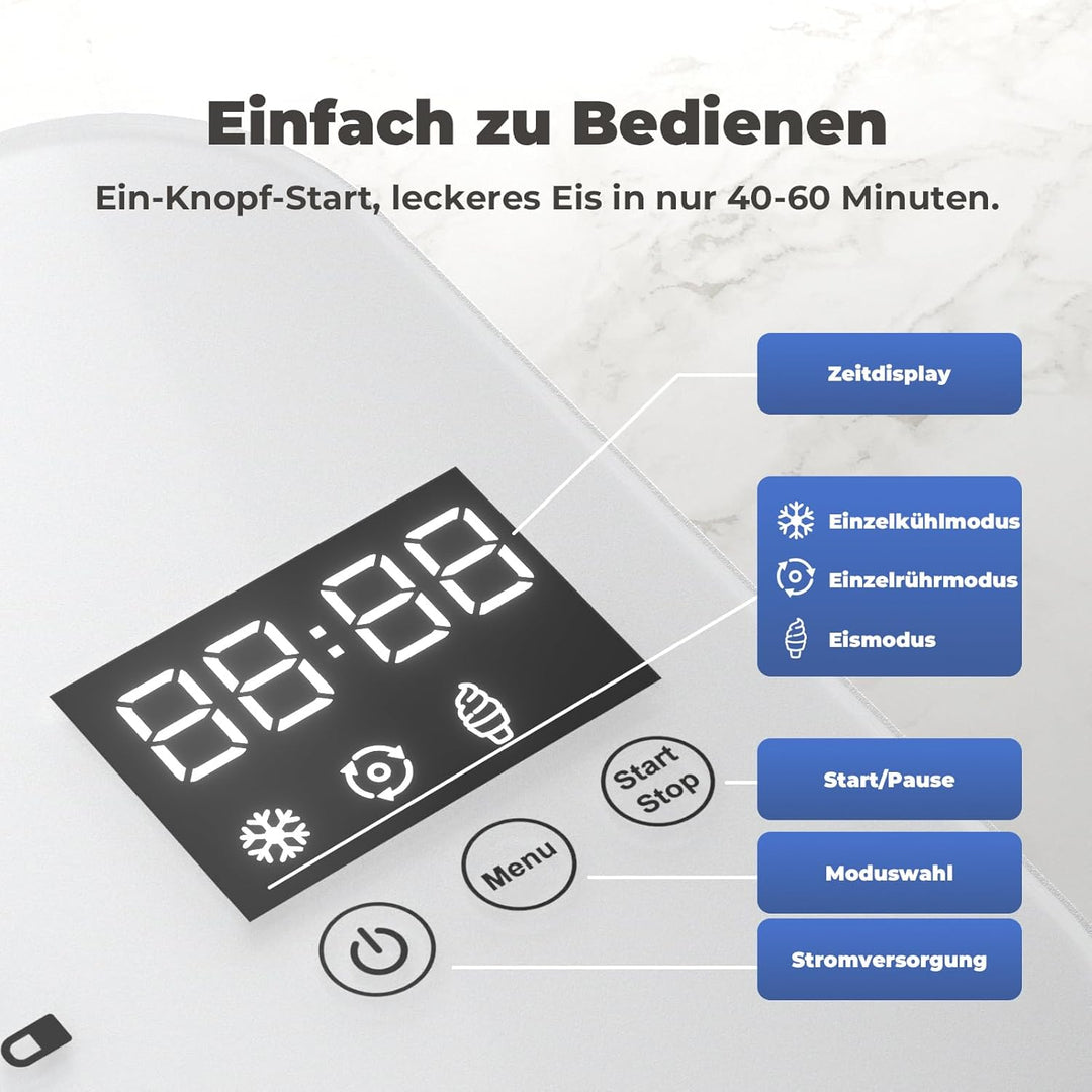 Eismaschine mit Kompressor 1L, Eismaschine Selbstkühlend mit Entnehmbarem Eisbehälter, inkl. Spatel/