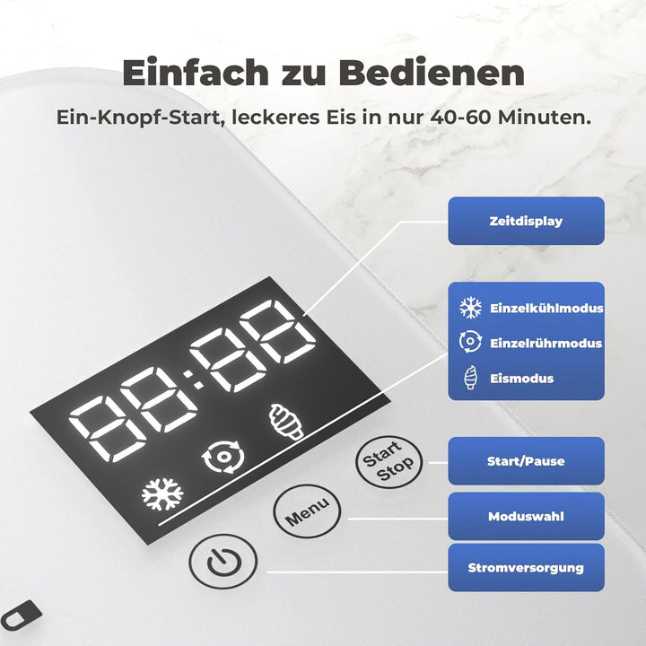 Eismaschine mit Kompressor 1L, Eismaschine Selbstkühlend mit Entnehmbarem Eisbehälter, inkl. Spatel/