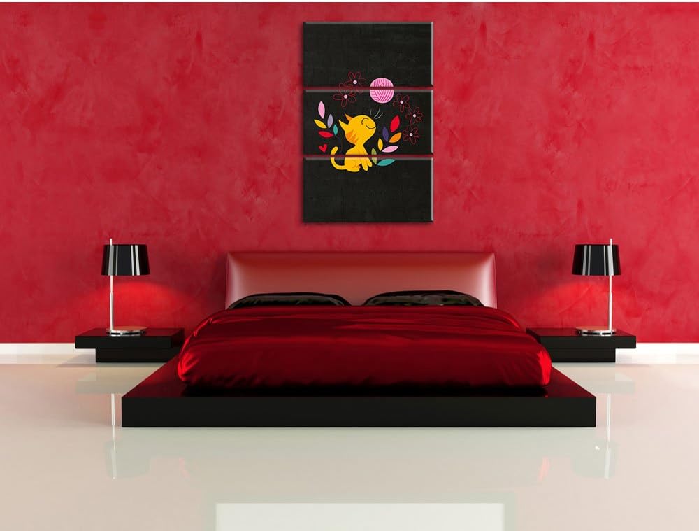 Pixxprint Niedliche Katze mit Wollknäuel als Leinwandbild/Grösse: 3 Teilig (120x80) cm/Wandbild/Kuns