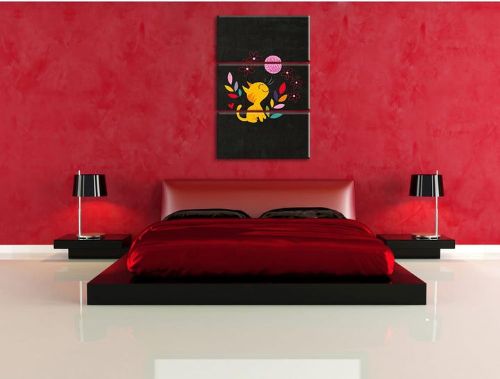 Pixxprint Niedliche Katze mit Wollknäuel als Leinwandbild/Grösse: 3 Teilig (120x80) cm/Wandbild/Kuns