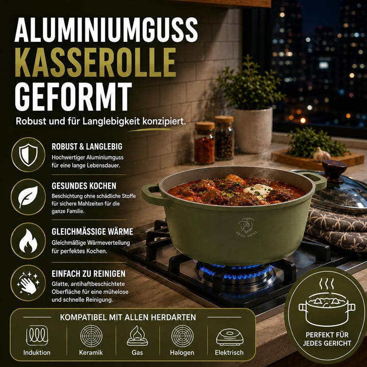 Royal Swiss Kochtopf mit Marmorbeschichtung, Glasdeckel, Induktion, 9,5 l, 32 cm, Grün (Grün, 32 cm)