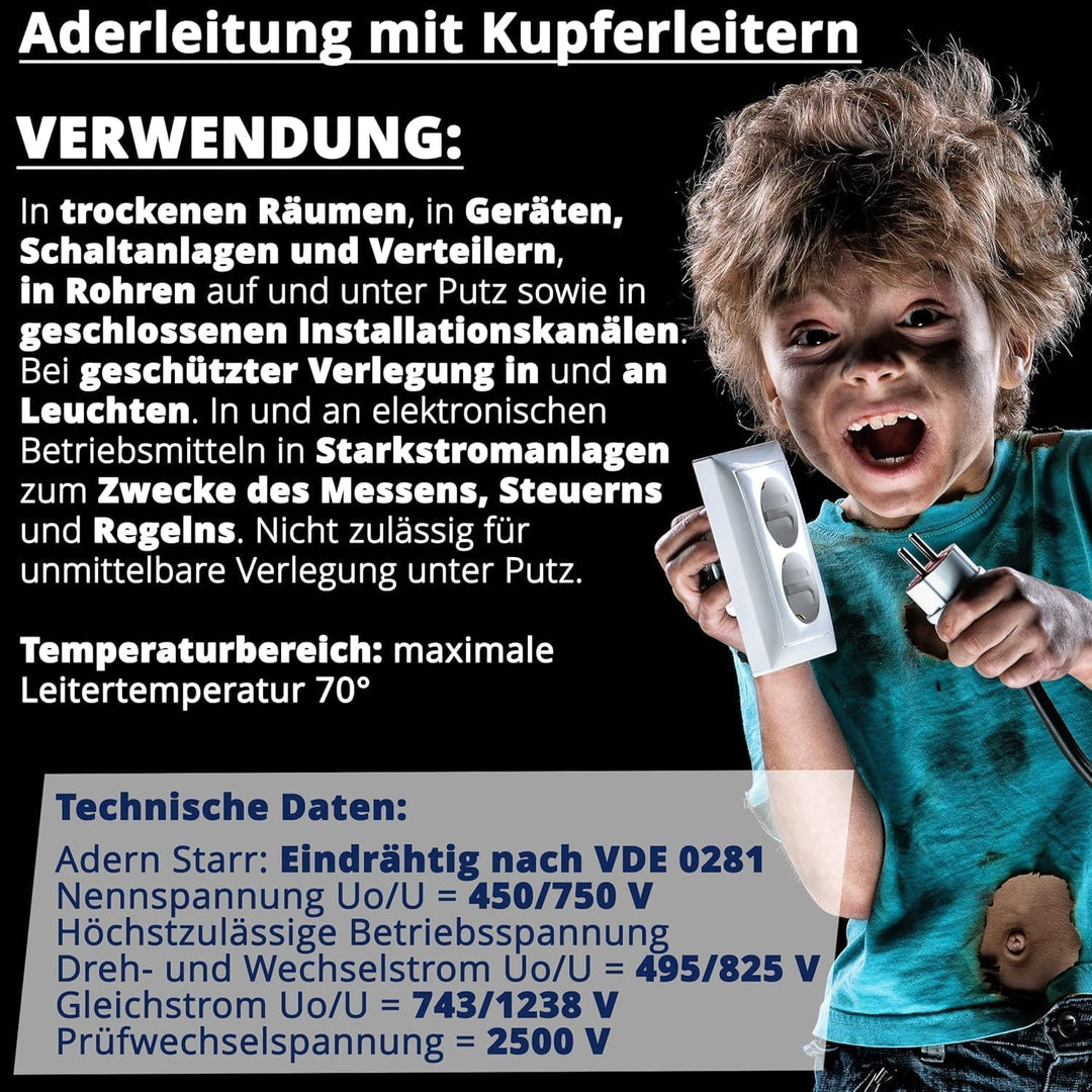 EBROM 100 Meter Aderleitung Litze Draht starre Leitung H07V-U 1,5 mm² 1x1,5 mm2 – starr – viele Farb