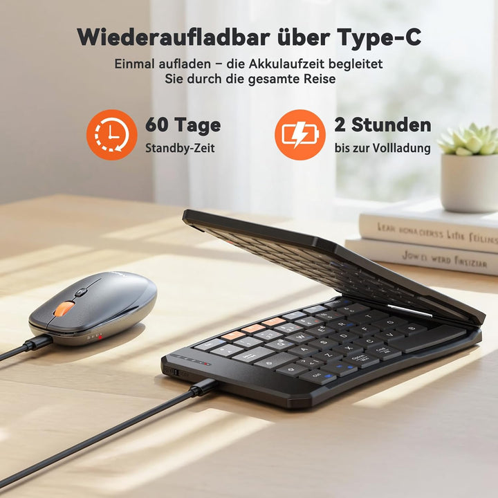 MEETION Ergonomische, Faltbare Tastatur und Maus, tragbare Bluetooth-Tastatur und -Maus für Geschäft