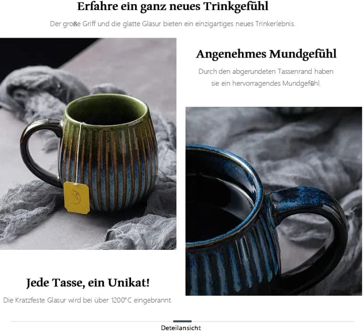 Saumo 2er Set 480 ml Hochwertige Handgefertigte Kaffeetassen aus Porzellan, Kaffee - Tasse in Modern