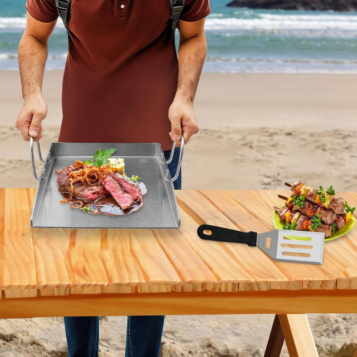 Plancha Grillplatte |Grillplatte aus Edelstahl | 338°C hitzebeständig | 40x30cm gross | Mit 2 Spatel