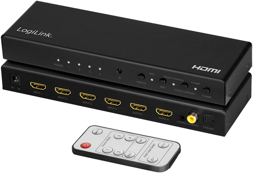 LogiLink HD0046 - HDMI-Switch 4-Port, 4 Eingänge/1 Ausgang (4X Video auf 1x TV), 4K/60 Hz, Audio-Ext
