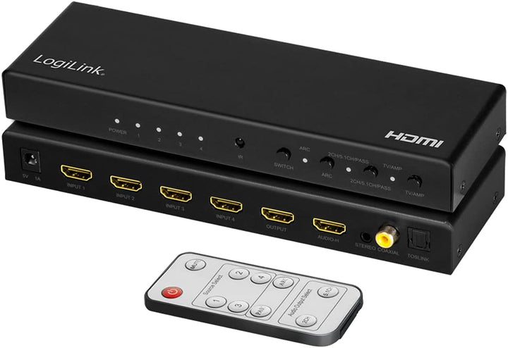 LogiLink HD0046 - HDMI-Switch 4-Port, 4 Eingänge/1 Ausgang (4X Video auf 1x TV), 4K/60 Hz, Audio-Ext