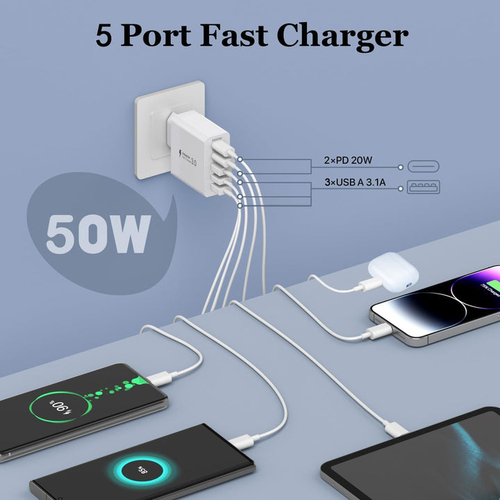 3er Pack USB C Ladegerät 50W, 5 Ports Mehrfach USB Stecker mit【2 USBC+3 USBA】, 50W Netzteil Wand-Lad