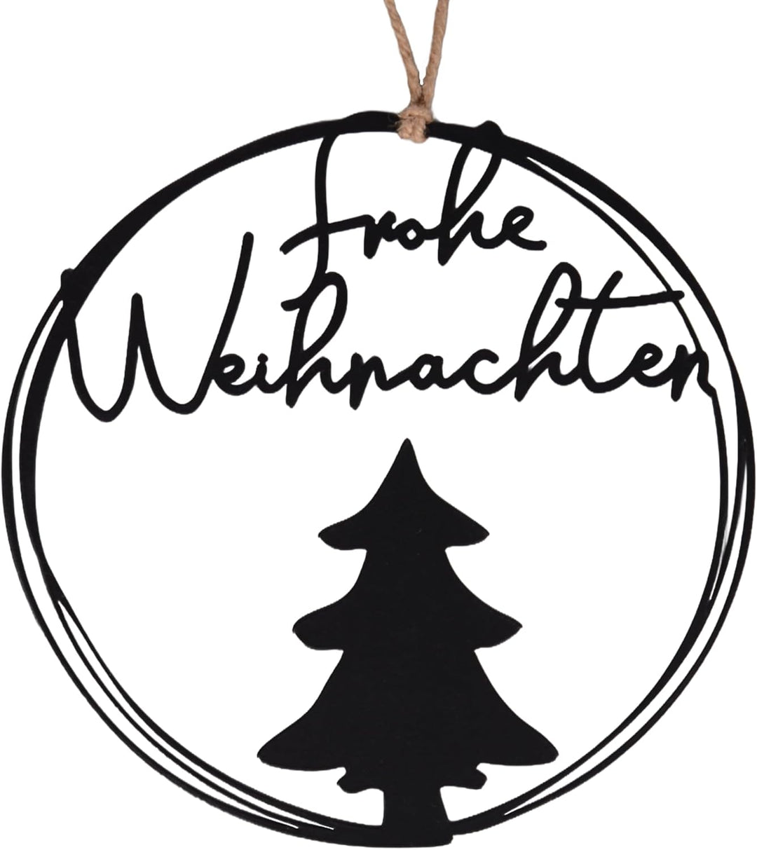 UNUS Aufhänger Frohe Weihnachten rund Ø 25 cm Metall Wanddeko mit Tannenbaum stilvolle Weihnachtsdek