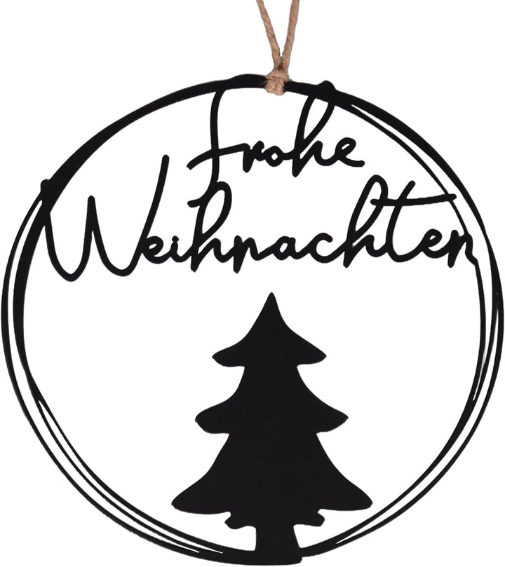 UNUS Aufhänger Frohe Weihnachten rund Ø 25 cm Metall Wanddeko mit Tannenbaum stilvolle Weihnachtsdek