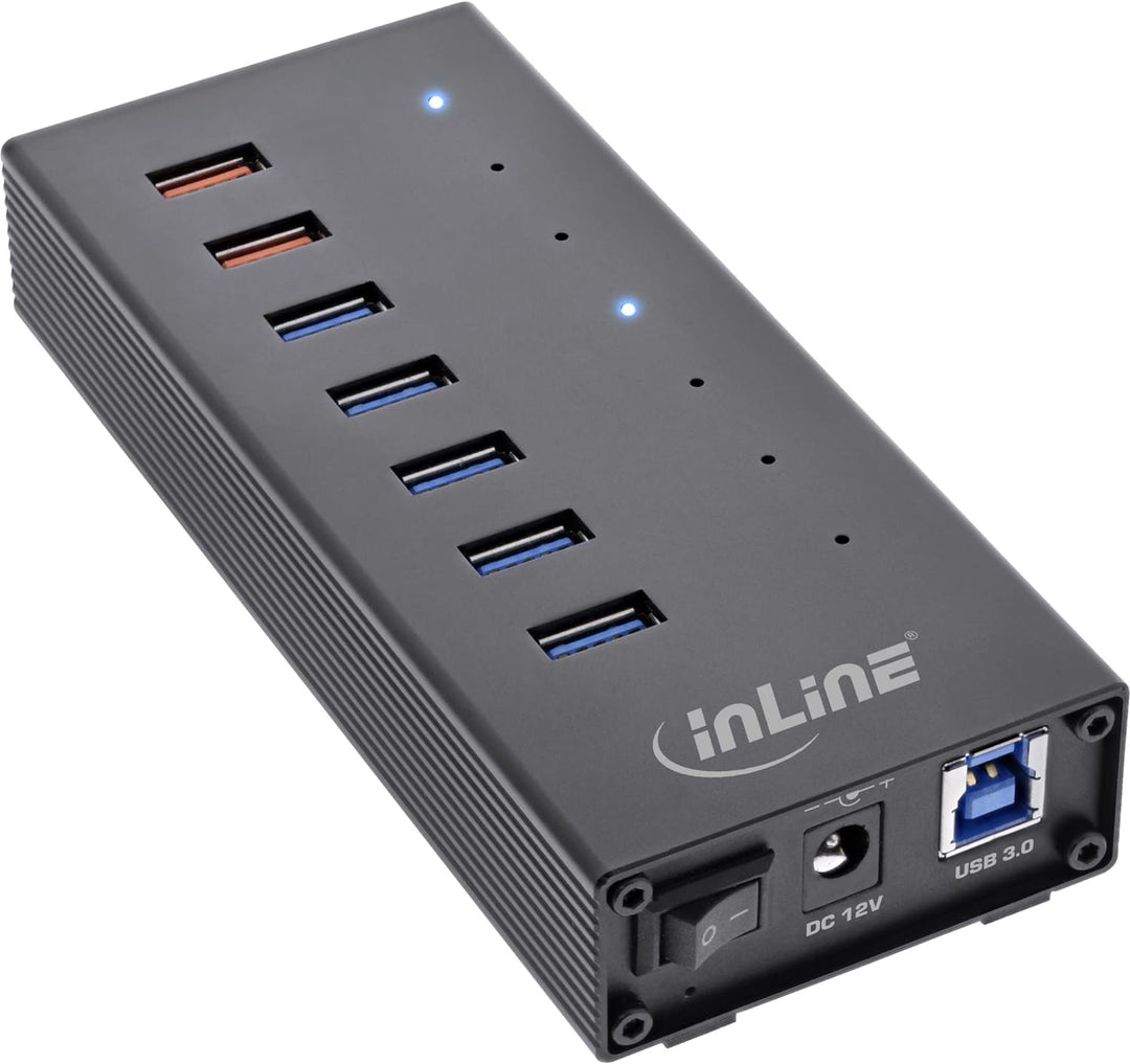 InLine® USB 3.2 Gen.1 Hub, 7 Port, Aluminiumgehäuse, schwarz, mit 2,5A Netzteil