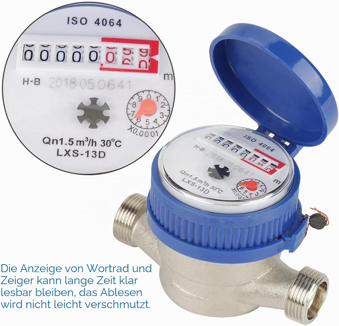 Wasseruhr Garten Geeicht, 15mm Wasserzähler Geeicht, 1/2 Zoll Gartenwasserzähler mit Armaturen, für