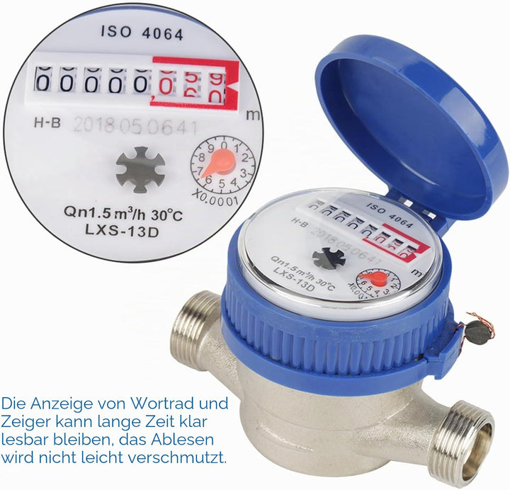 Wasseruhr Garten Geeicht, 15mm Wasserzähler Geeicht, 1/2 Zoll Gartenwasserzähler mit Armaturen, für