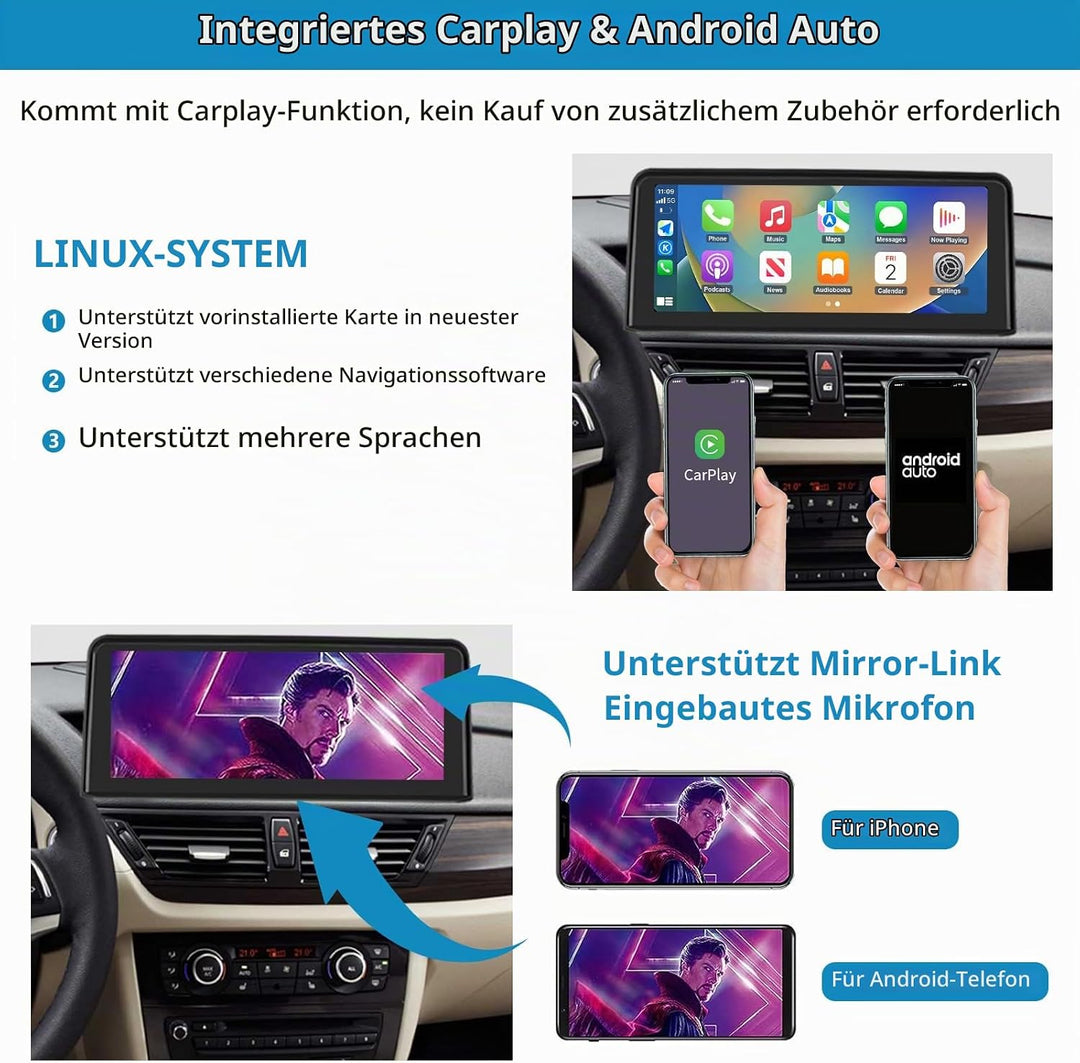 Autoradio 10,25-Zoll-Touchscreen mit kabellosem Carplay und Android Auto für 2009-2015 BMW X1-Serie