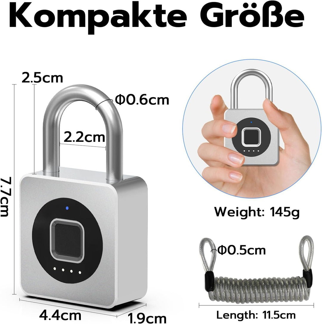 Eseesmart Fingerabdruck Schloss - Vorhängeschloss Fingerabdruck mit Kabel, Smart Lock with Bluetooth