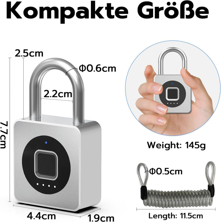 Eseesmart Fingerabdruck Schloss - Vorhängeschloss Fingerabdruck mit Kabel, Smart Lock with Bluetooth