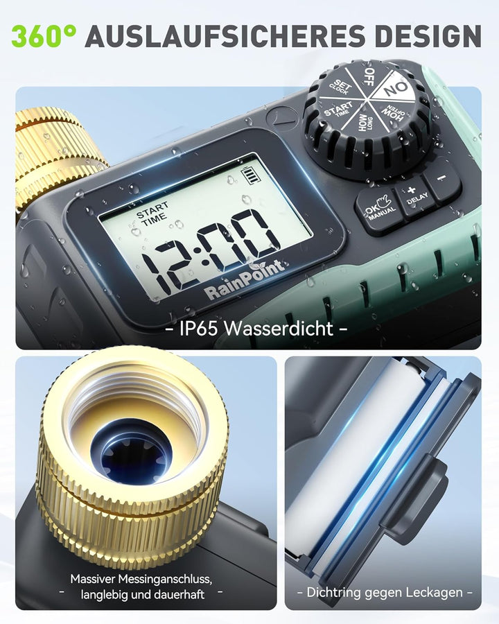 RAINPOINT Bewässerungscomputer mit Messing-Einlass, Aufgerüsteter Wasserzeitschaltuhr mit Regenverzö
