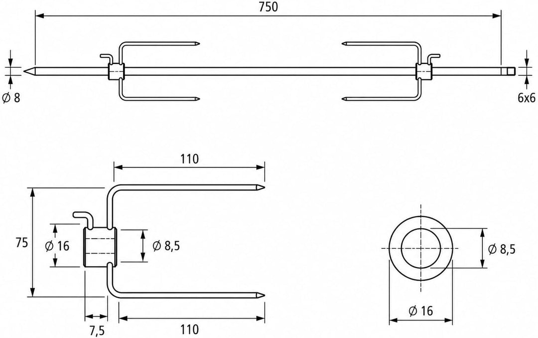 Rotisserie Set 75cm aus Europäischem Edelstahl, Grillspiess, Drehspiess