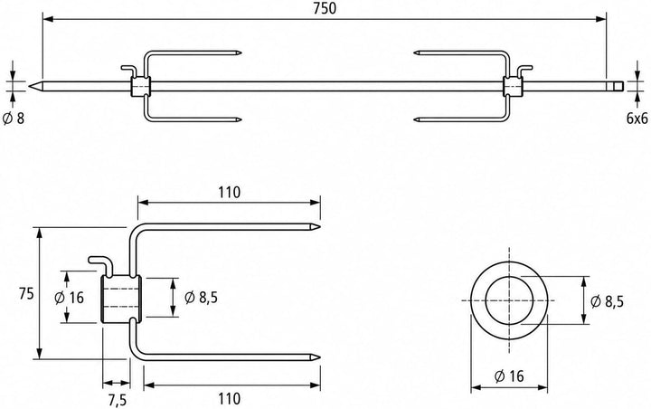 Rotisserie Set 75cm aus Europäischem Edelstahl, Grillspiess, Drehspiess