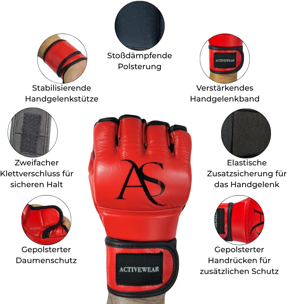Pro Strike MMA Handschuhe – 100% Echtleder | AS Activewear Rot/Schwarz S, Rot/Schwarz S