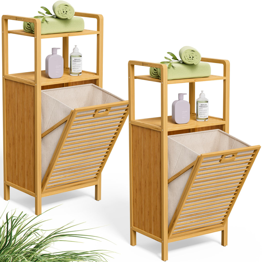 CASARIA® 2er Set Badregal mit Wäschekorb 80 L Wäschesammler Bambus Holz 96x40x30cm Wäschesack Heraus