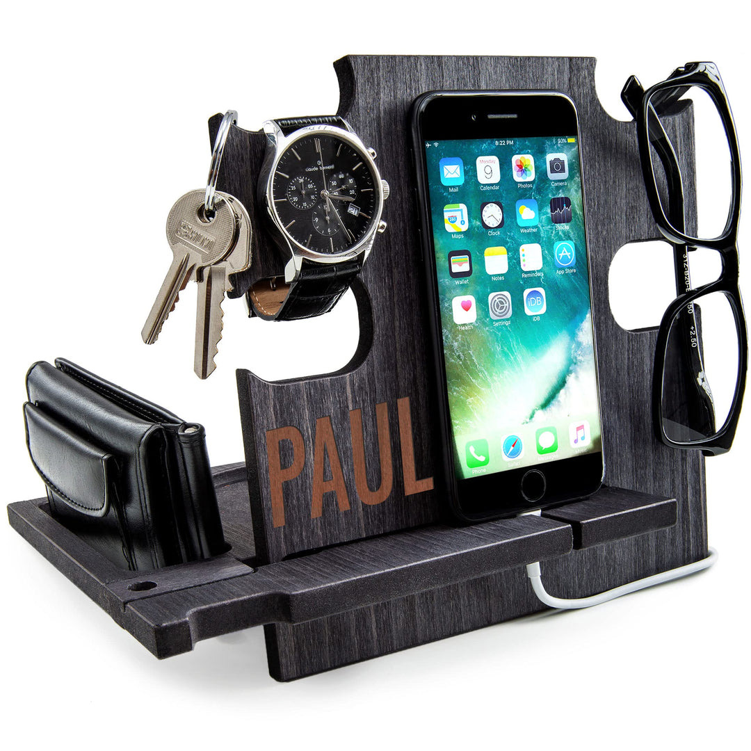 Personalisierte Dockingstation, Smartphone-Ständer - Nachttischhalter aus Holz, Geschenkidee für Män